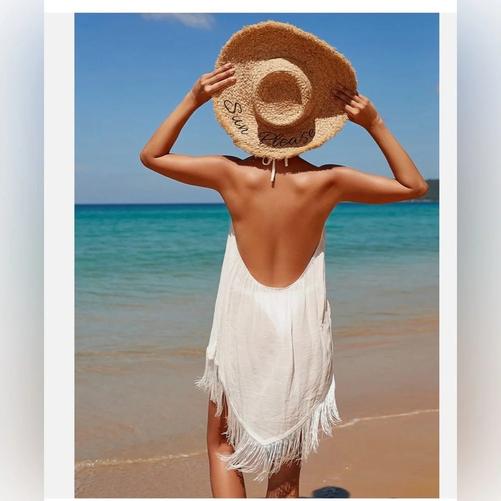 Cupshe Cream Fringe Halter Beach Cover-Up - Picture 2 of 9